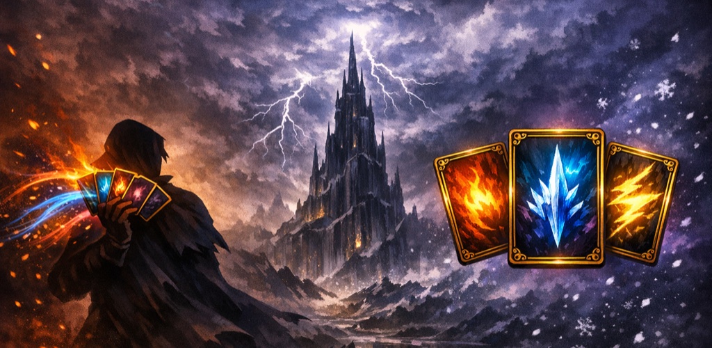 A robed wanderer holds a fan of elemental cards before the Shattered Spire as fire, ice, and lightning crackle around them.