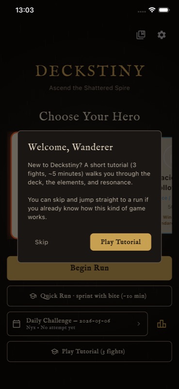 Title screen with the Deckstiny logo and a tutorial prompt offering to walk new players through three short fights.