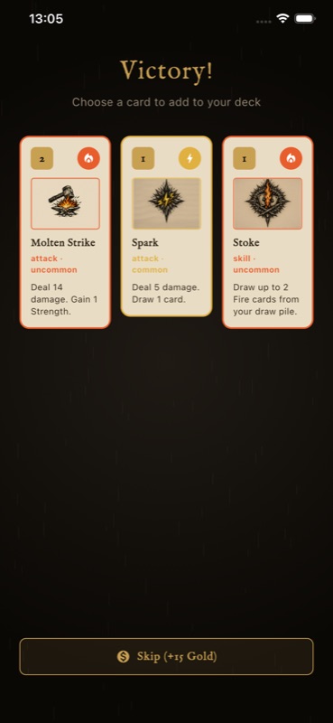 Victory screen offering a choice of three reward cards: Molten Strike, Spark, and Stoke.