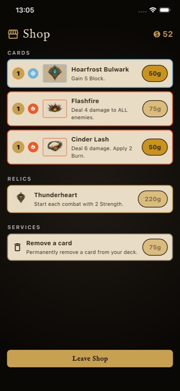 Shop screen with cards, a relic called Thunderheart, and a 'Remove a card' service.