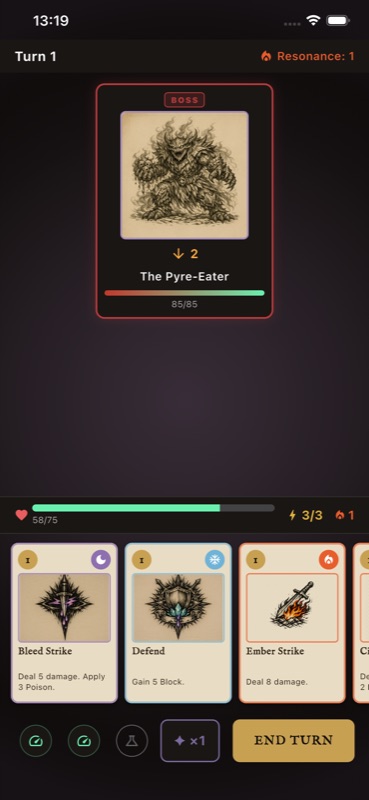 Boss fight against The Pyre-Eater showing a fusion-ready hand with Bleed Strike, Defend, and Ember Strike.