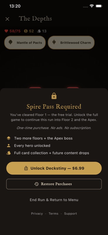 Spire Pass paywall after Floor 1, offering a one-time $6.99 unlock with no ads and no subscription.
