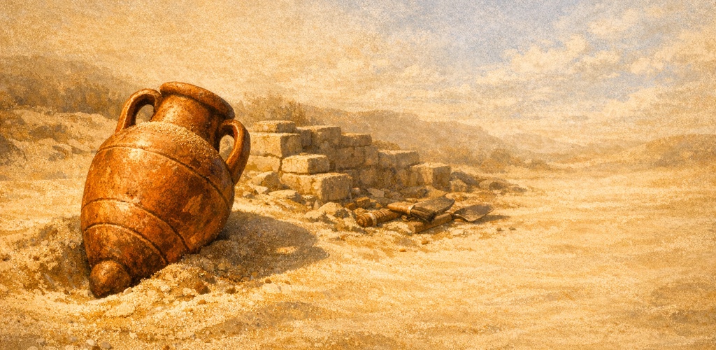 A vista of a desert dig site at sunrise, with a screening sieve and a half-excavated stone foundation in the foreground.