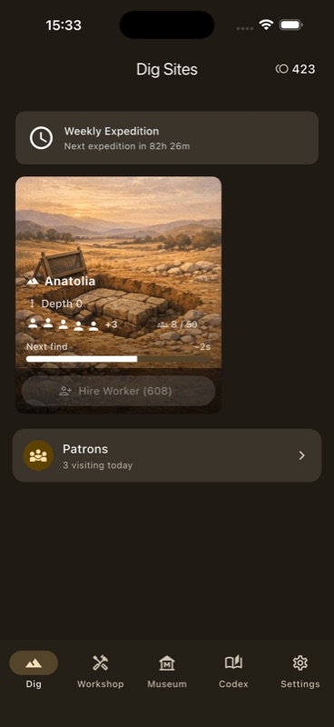 Dig Sites screen showing the Anatolia card with workers hired, a Next find progress bar, and a Patrons row underneath.