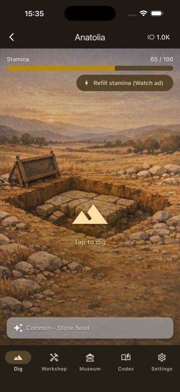 Anatolia dig view with a stamina bar at 65/100, a Watch ad to refill option, and a Tap to dig prompt over an excavated stone foundation.