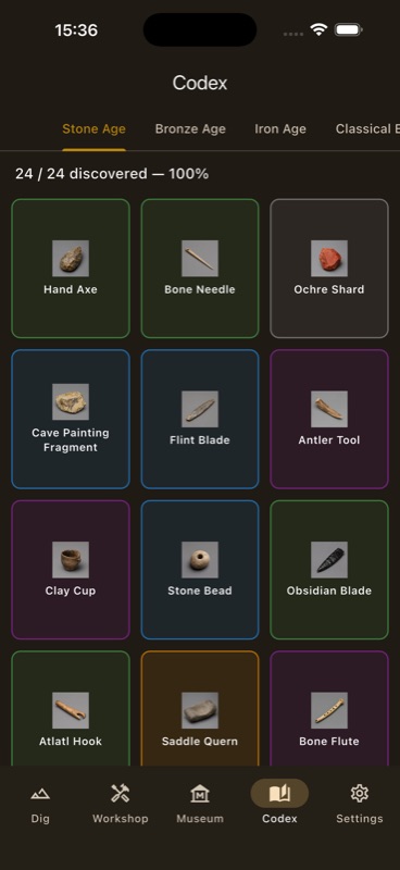 Codex grid with placeholder tiles for undiscovered artifacts.