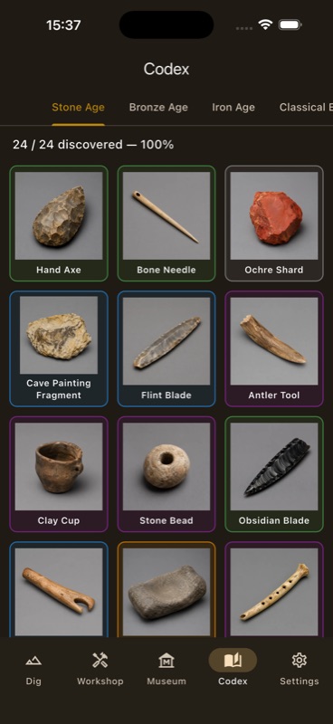 Stone Age codex page at 24 of 24 discovered, showing a grid of real artifact photos: Hand Axe, Bone Needle, Ochre Shard, Flint Blade, Antler Tool, Clay Cup, Stone Bead, Obsidian Blade.