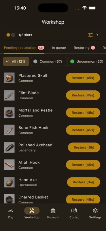 Workshop screen with a list of pending artifacts — Plastered Skull, Flint Blade, Mortar and Pestle — each with a Restore button and an estimated time.