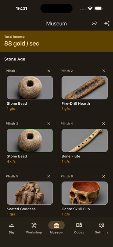 Museum view with six plinths in the Stone Age room — Stone Bead, Fire-Drill Hearth, Bone Flute, Seated Goddess, Ochre Skull Cup — each generating gold per second.