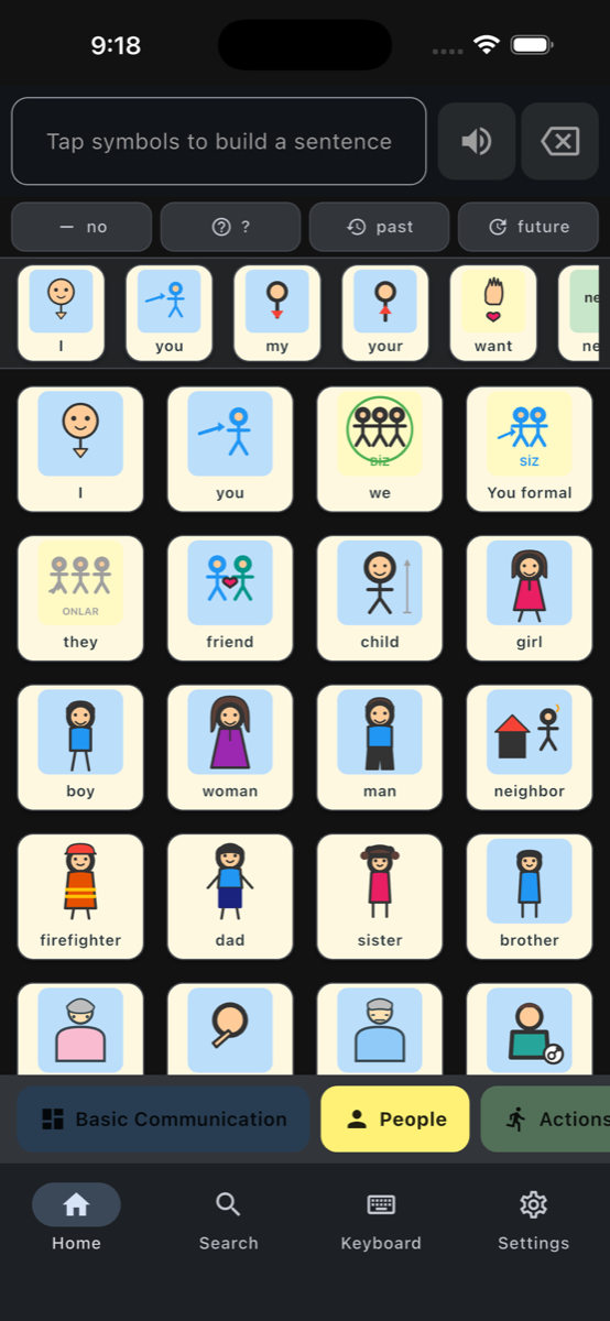 Sesla AAC people board with pronoun and family symbols