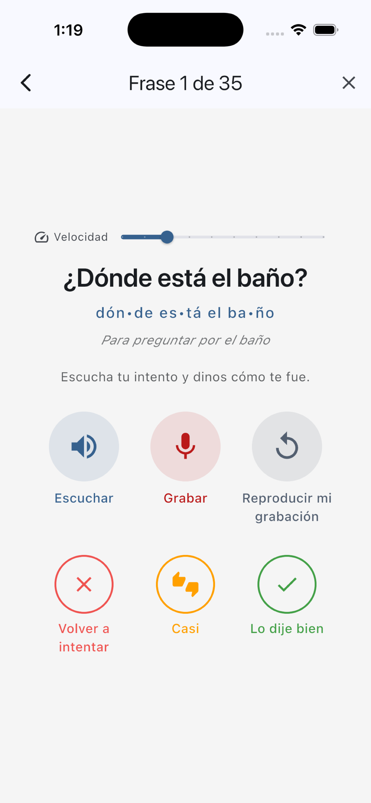 Sesla speech practice lesson in Spanish: ¿Dónde está el baño?