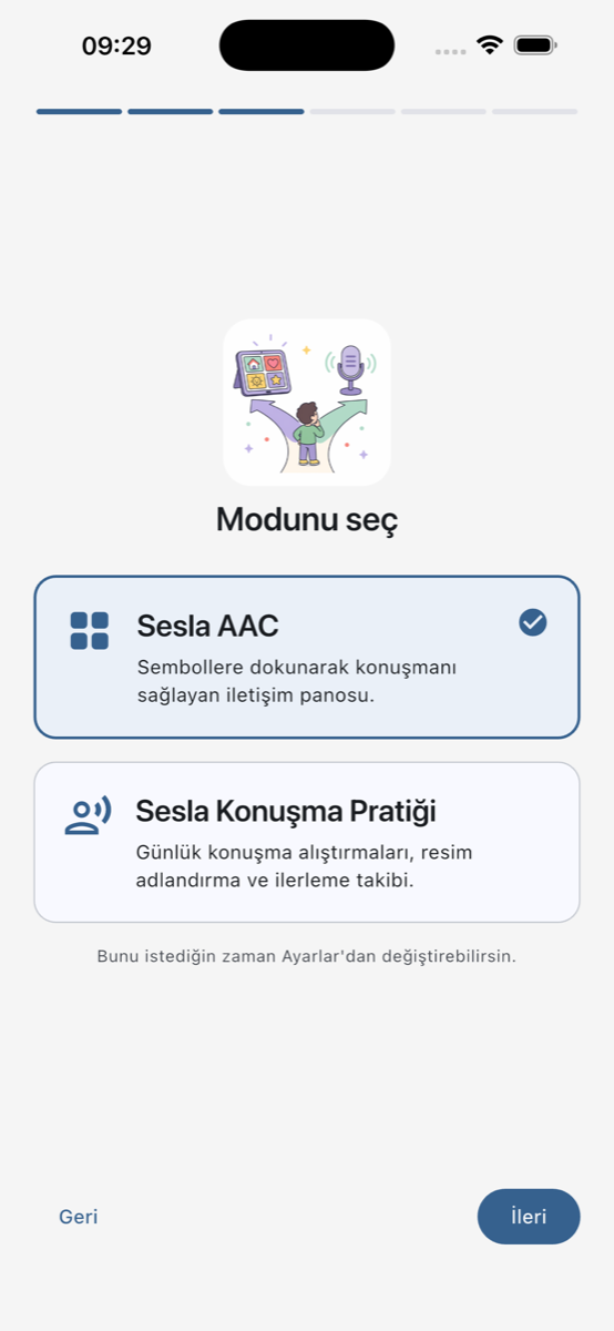 Sesla mod seçici: AAC veya Konuşma Pratiği