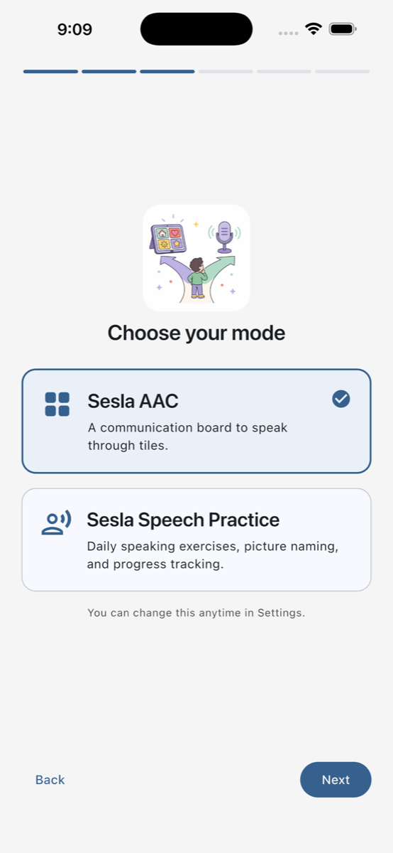 Sesla mode picker: choose AAC or Speech Practice