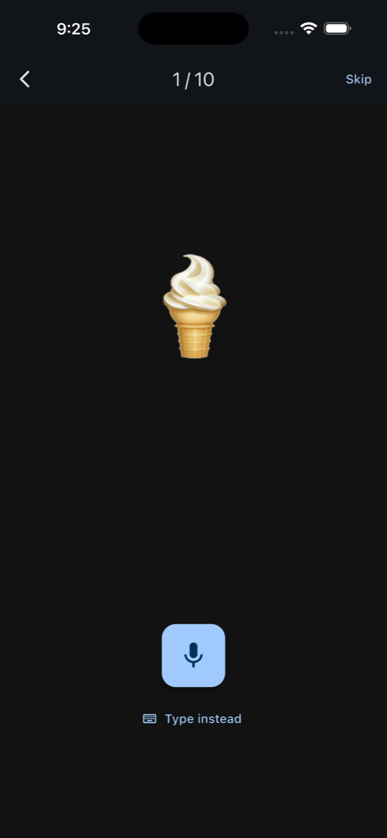 Naming Practice session showing an ice-cream image with a microphone button