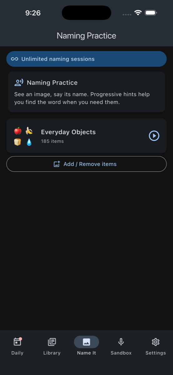 Name It tab: Naming Practice deck with everyday objects