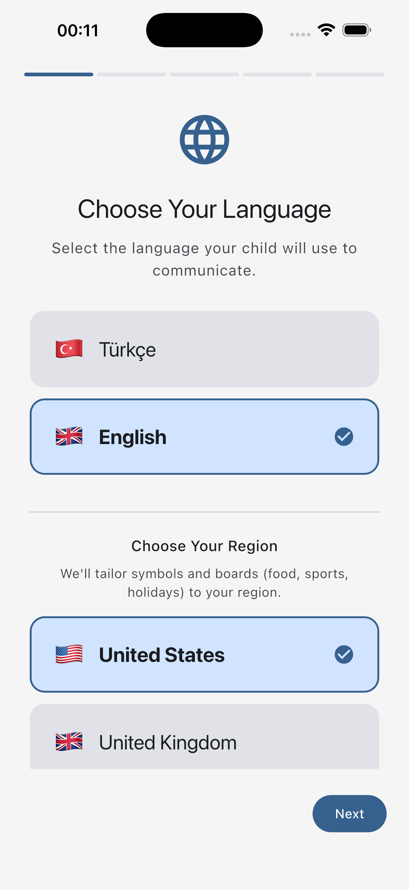 Onboarding language and region picker