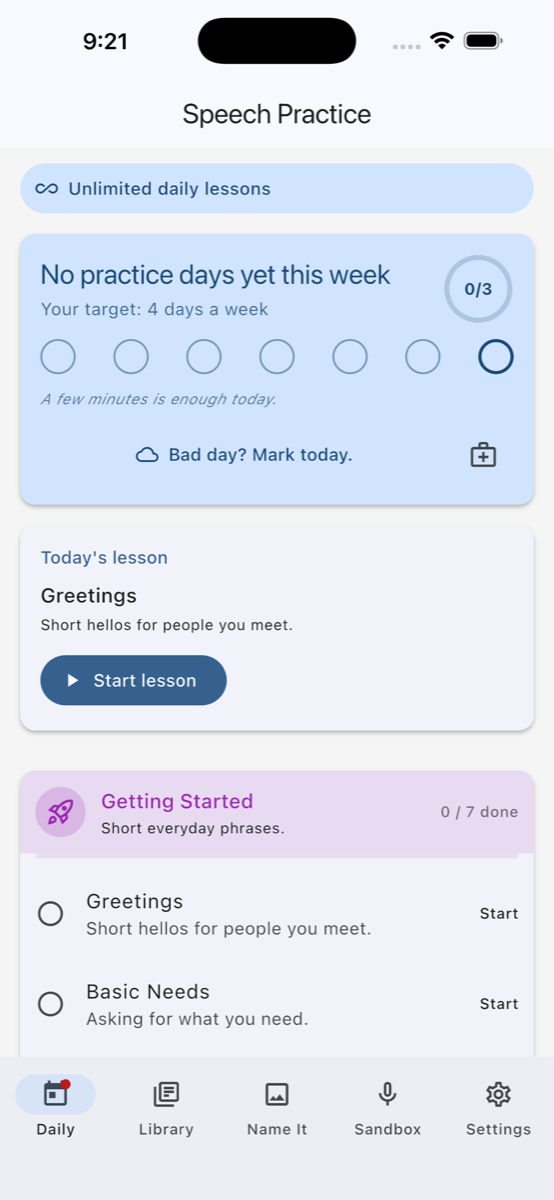 Speech Practice home: weekly tracker, today's lesson, lesson library