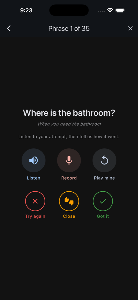 A practice lesson: 'Where is the bathroom?' with Listen, Record, Try-again, Got-it controls