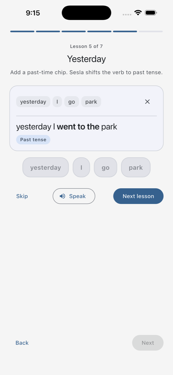 Tutorial showing 'yesterday I went to the park' built by tapping tiles